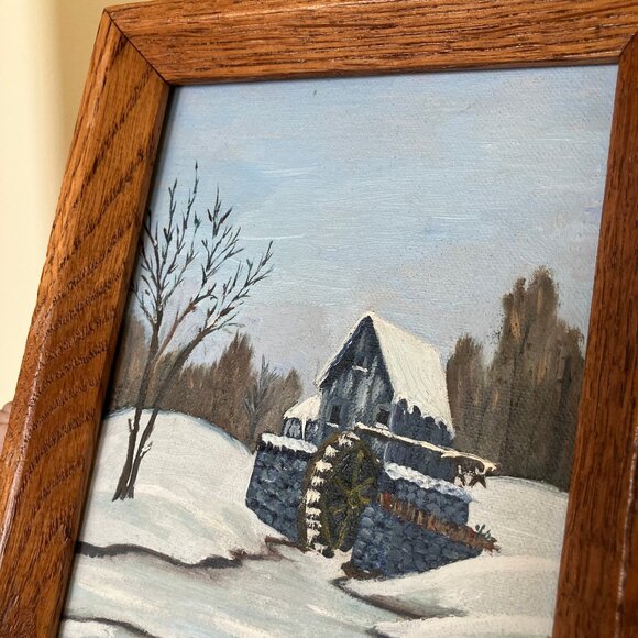 Winter Grist Mill Original Framed Oil Painting Water Wheel Landscape Signed Art - Picture 4 of 6